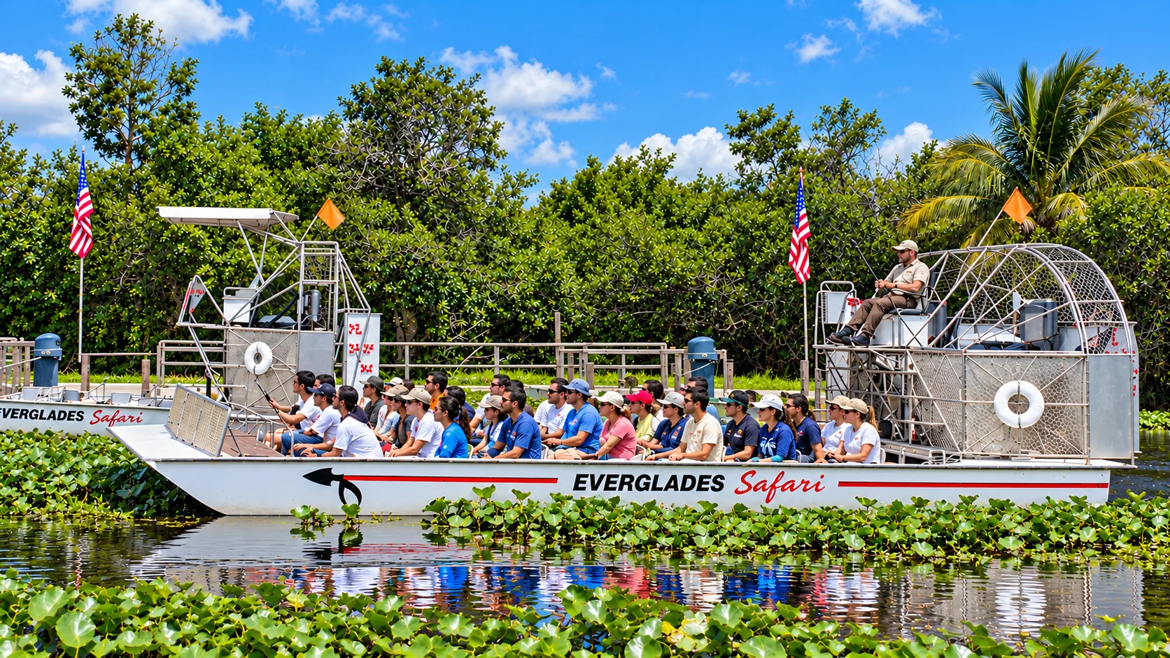 Large airboat full of guests at the Everglades Safari dock